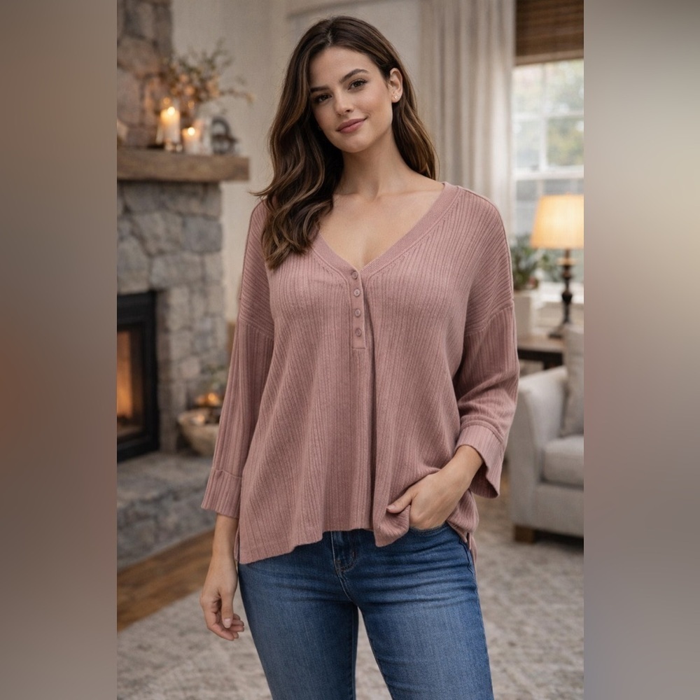 Anthropologie Daily Practice Ribbed Super Soft Cozy Henley Top Size M